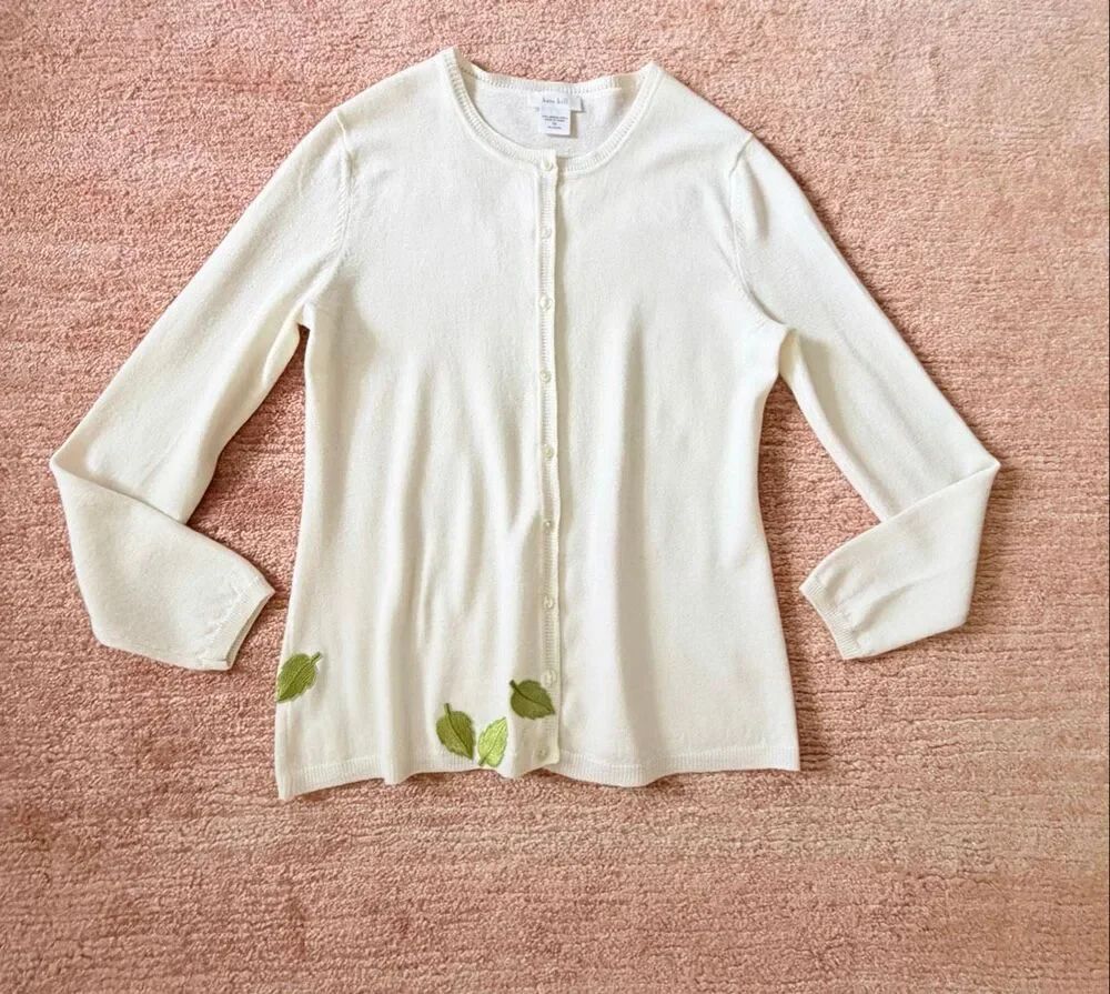Kate Hill 100% Merino Wool Ivory Cardigan Sweater Leaf Embroidered Button Front